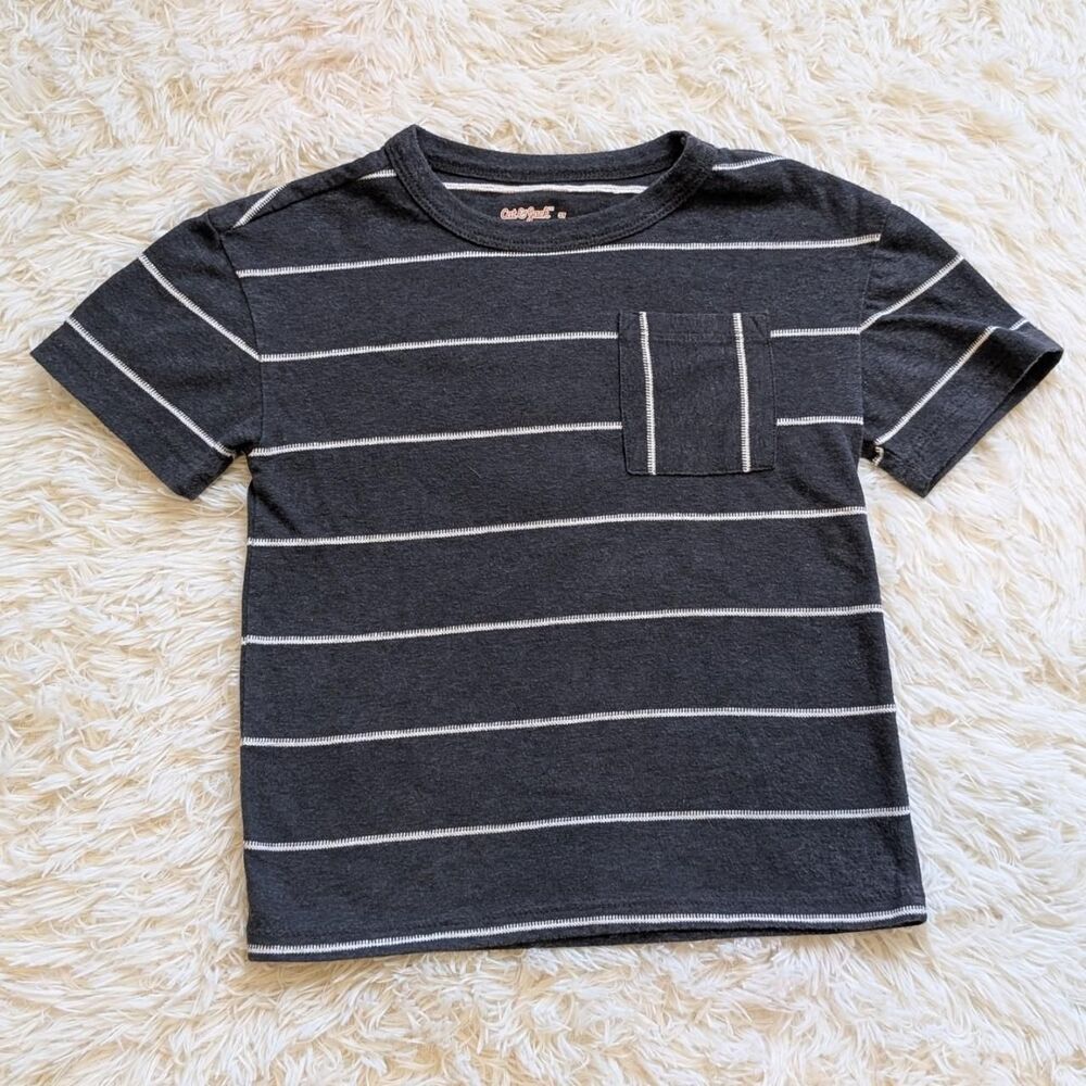 Cat & Jack Boys Size 3T Charcoal Gray White Stripe Pocket Short Sleeve Shirt
